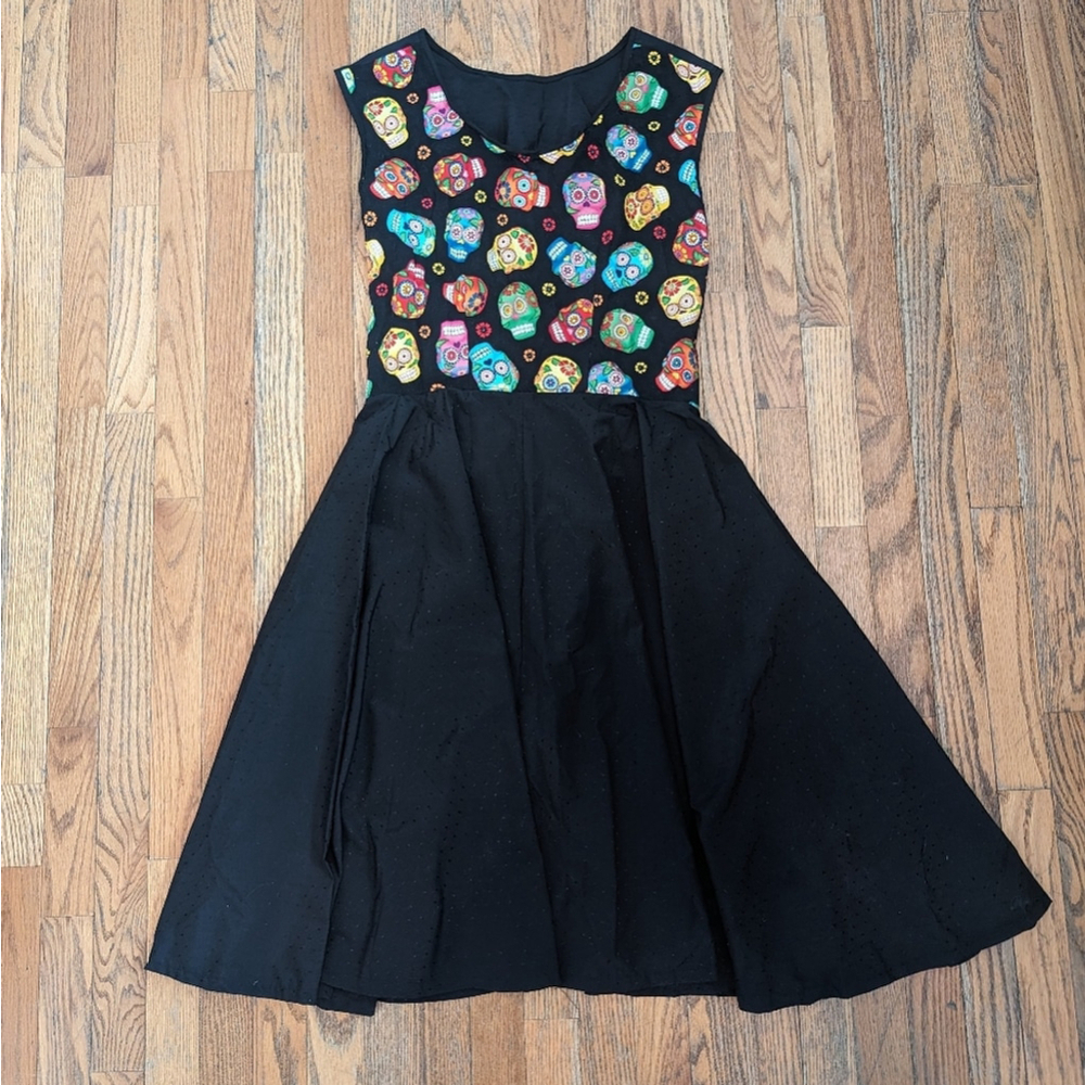 Vintage Handmade Black Dress with Sugar Skulls, Apron Closure